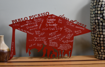 grad cap cutout guest book painted and signed on display